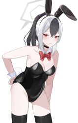 1girl alternate_costume animal_ear_hairband animal_ears arm_at_side black_choker black_hair black_hairband black_leotard black_thighhighs blue_archive bow bowtie breasts choker commentary_request contrapposto crossed_bangs detached_collar fake_animal_ears fake_tail furrowed_brow grey_hair grey_halo hair_between_eyes hairband halo hand_on_own_hip highres kayoko_(blue_archive) leotard long_hair looking_at_viewer medium_breasts miya122303 multicolored_hair playboy_bunny ponytail rabbit_ears rabbit_tail red_bow red_bowtie red_eyes solo strapless strapless_leotard tail thighhighs tsurime two-tone_hair white_background