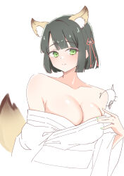 Rule 34 | 1girl, animal ears, black hair, blunt bangs, blunt ends, blush, bob cut, breasts, broad shoulders, cleavage, closed mouth, cropped torso, flower, flower knot, fox ears, fox girl, fox tail, green eyes, hair flower, hair ornament, highres, japanese clothes, kemonomimi mode, kimono, large breasts, link! like! love live!, looking at viewer, love live!, momose ginko, off shoulder, rokoroko 65, short hair, simple background, smile, solo, split mouth, tail, upper body, virtual youtuber, white background