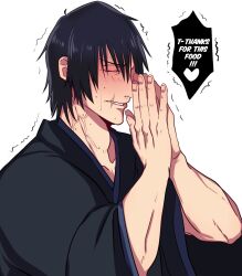 1boy absurdres black_hair blush closed_eyes english_text full-face_blush fushiguro_touji highres japanese_clothes jujutsu_kaisen kimono male_focus own_hands_together short_hair snot togeko trembling veins wide_sleeves