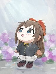 absurdres black_jacket black_shoes blue_eyes blush brown_hair commentary_request flower hair_ribbon highres jacket long_hair love_live! love_live!_nijigasaki_high_school_idol_club neck_ribbon nijigasaki_school_uniform open_mouth osaka_shizuku outdoors rain ribbon school_uniform shoes skirt smile solo stuffed_toy tata_(tataice) wet white_skirt yellow_ribbon