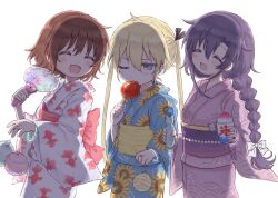 Rule 34 | 3girls, alternate hairstyle, blonde hair, blue kimono, bottle, bow, bracelet, braid, braided ponytail, brown hair, candy apple, closed eyes, floral print, folded fan, folding fan, food, friends, glowstick, goshiki agiri, hair bow, hand fan, highres, holding, holding bottle, holding fan, japanese clothes, jewelry, kill me baby, killmint, kimono, laughing, long hair, multiple girls, one eye closed, oribe yasuna, print kimono, purple eyes, purple hair, purple kimono, seigaiha, shaved ice, short hair, simple background, sonya (kill me baby), standing, sunflower print, twintails, water yoyo, white background, white kimono, yukata