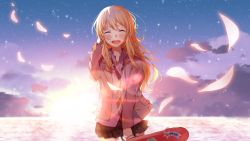 10s 1girl absurdres black_skirt blazer blurry blush bokeh cloud cloudy_sky cowboy_shot depth_of_field facing_viewer female_focus highres horizon instrument_case jacket long_hair looking_at_viewer loose_necktie miyazono_kawori necktie ocean open_clothes open_jacket open_mouth outdoors petals pleated_skirt school_uniform shigatsu_wa_kimi_no_uso skirt sky smile solo star_(sky) starry_sky striped_necktie striped_neckwear sunset the_cold violin_case