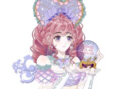 Rule 34 | absurdres, animal, aqua collar, argyle bonnet, argyle clothes, argyle sleeves, bare shoulders, blue bow, blue bowtie, bonnet, bow, bowtie, cat, classic lolita, cloak, clothed animal, clown nose, collar, corset, cross-laced armwear, curly hair, detached collar, detached sleeves, dress, drill hair, earrings, expressionless, eyelashes, fortissimo, frilled arm warmers, frilled dress, frilled headwear, frilled sleeves, frills, hair bow, hair ornament, hat, hat ribbon, heart-shaped bonnet, highres, holding, holding snow globe, hood, hood up, hooded cloak, in snow globe, infinity nikki, jewelry, light blush, light particles, lolita fashion, long hair, looking at object, momo (nikki), multiple hat bows, musical note, musical note hair ornament, nikki (series), official alternate color, official alternate costume, open mouth, pink bow, pink bowtie, pink cloak, pink hair, pink ribbon, pink sleeves, pointy nose, pom pom (clothes), puffy short sleeves, puffy sleeves, purple bonnet, purple bow, purple bowtie, purple dress, purple eyes, purple pupils, ribbon, short sleeves, sidelocks, simple background, smile, snow globe, sparkle, sphere earrings, strapless, strapless dress, timeless melody (infinity nikki), white arm warmers, white background, white cat, white corset, winding key, zhizhizhizhizhizong