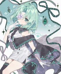 1girl arcaea black_cape black_necktie black_thighhighs buttons cape closed_mouth collared_dress cowboy_shot curtained_hair double-breasted dress expressionless flower flower_over_eye gelato1014 gem gloves green_eyes green_gemstone green_hair green_ribbon green_theme hand_up highres lace microdress necktie off_shoulder on_chair one_eye_covered ribbon saya_(arcaea) short_hair single_thighhigh sitting sleeveless sleeveless_dress solo sparkle_background thighhighs thighs two-sided_cape two-sided_fabric white_background white_dress white_flower white_gloves wing_collar