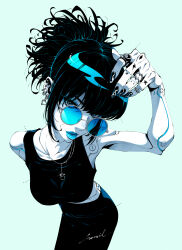 Rule 34 | 1girl, absurdres, black nails, blue-tinted eyewear, blue background, blue lips, commentary, cyborg, earrings, english commentary, godtail, heart, heart earrings, highres, jewelry, necklace, original, round eyewear, signature, simple background, solo, sunglasses, tinted eyewear, yin yang