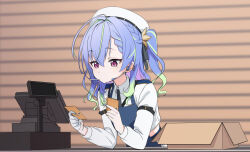 1girl absurdres apron black_necktie blue_apron blue_hair box cardboard_box cash_register closed_mouth collared_shirt commentary_request expressionless gloves green_hair hat headset highres medium_hair mole mole_under_eye multicolored_hair nanashi_inc. necktie ougimaneki shirt solo suzumi_nemo suzumi_nemo_(3rd_costume) tcg_card_shop_simulator two-tone_hair upper_body virtual_youtuber white_gloves white_hat white_shirt