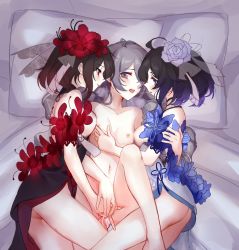 3girls after_kiss ass bad_id bad_pixiv_id bed_sheet black_hair blue_eyes blue_flower blue_hair blue_ribbon blush breasts bronya_zaychik censored china_dress chinese_clothes commentary_request devilsw dress dress_flower drill_hair fingering flower girl_sandwich grabbing_another&#039;s_breast gradient_hair grey_eyes grey_hair groping hair_flower hair_ornament honkai_(series) honkai_impact_3rd hug long_hair looking_at_another lying medium_hair mosaic_censoring multicolored_dress multicolored_hair multiple_girls navel nipples nude on_back on_bed on_side open_mouth petals pillow pussy pussy_juice red_eyes red_flower red_hair ribbon saliva saliva_trail sandwiched seele_(alter_ego) seele_vollerei seele_vollerei_(mirrored_flourishes) seele_vollerei_(stygian_nymph) sidelocks small_breasts veil yuri