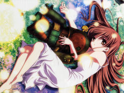 Rule 34 | 00s, 1girl, barefoot, brown eyes, brown hair, clannad, dress, female focus, garbage doll, girl from the illusionary world, highres, long hair, solo, sundress
