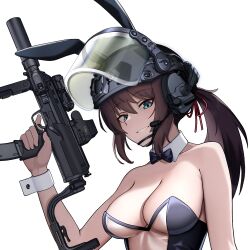 1girl animal_ears blue_eyes blue_leotard blue_necktie bow bowtie breasts brown_hair cero_(last2stage) chin_strap cleavage collar combat_helmet commission detached_collar ear_protection face_shield fake_animal_ears finger_on_trigger flashlight gun h&amp;k_mp7 hair_between_eyes hair_ribbon helmet holding holding_weapon large_breasts laser_sight leotard looking_at_viewer meme_attire microphone multicolored_leotard necktie open_mouth optical_sight original playboy_bunny ponytail rabbit_ears red_ribbon ribbon simple_background smile solo strapless strapless_leotard submachine_gun suppressor termichan_(not-a-bot) traditional_bowtie translucent_bunnysuit two-tone_leotard weapon white_background white_leotard white_wrist_cuffs wrist_cuffs