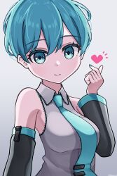 Rule 34 | 1girl, alternate hair length, alternate hairstyle, aqua eyes, aqua hair, aqua nails, aqua necktie, bare shoulders, breasts, closed mouth, collared shirt, commentary request, detached sleeves, eyelashes, finger heart, grey background, grey shirt, hatsune miku, heart, highres, nail polish, necktie, shirt, short hair, simple background, smile, solo, upper body, very short hair, vocaloid, zukimikan