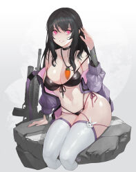 1girl arm_support bikini black_bikini black_choker black_hair breasts carrot_necklace choker cleavage collarbone commentary cropped_legs front-tie_bikini_top front-tie_top gun hand_up highres jacket jewelry large_breasts long_hair long_sleeves looking_at_viewer m16 m16a4 navel necklace off_shoulder open_clothes open_jacket original pink_eyes purple_jacket side-tie_bikini_bottom sitting smile solo stomach strap_slip swimsuit weapon wookyung