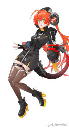 1girl absurdres asymmetrical_gloves black_hat black_hoodie black_horns black_pantyhose chicken_dduck dragon_girl dragon_horns fingerless_gloves full_body gloves hair_between_eyes hat high_heels highres hood hoodie horns long_hair magus_(zenless_zone_zero) mechanical_tail mismatched_gloves open_mouth orange_hair orange_pupils orpheus_(zenless_zone_zero) pantyhose single_fingerless_glove tail twintails white_background yellow_gloves zenless_zone_zero