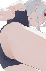 1girl ass black_one-piece_swimsuit black_school_swimsuit blush closed_mouth collarbone flat_chest from_below grey_hair highres hiroki_(yyqw7151) looking_at_viewer looking_down one-piece_swimsuit original red_eyes school_swimsuit short_hair simple_background solo swimsuit thighs white_background
