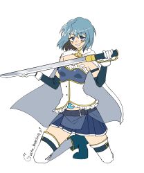 1girl absurdres armor belt blue_armor blue_boots blue_eyes blue_gemstone blue_hair blue_skirt blush boots breastplate breasts cape detached_collar dress frilled_dress frills full_body gem highres holding holding_sword holding_weapon kneeling looking_at_viewer magical_girl mahou_shoujo_madoka_magica midriff miki_sayaka miki_sayaka_(magical_girl) short_hair simple_background skirt sleeveless sleeveless_dress small_breasts smile solo soul_gem sword teeth thigh_belt thigh_strap thighhighs vector_inspector24 weapon white_background white_cape white_dress white_thighhighs