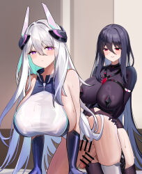 2girls absurdres all_fours azur_lane bar_censor bare_shoulders black_hair black_thighhighs breasts censored clothed_sex covered_erect_nipples dishui_tangni doggystyle futa_with_female futanari grabbing_another&#039;s_ass groping highres huge_breasts impossible_clothes indoors kearsarge_(azur_lane) long_hair multiple_girls purple_eyes red_eyes sex sex_from_behind sideboob thighhighs variant_set very_long_hair white_hair