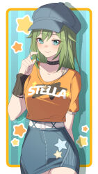 Rule 34 | 1girl, aqua eyes, belt, black hair, black hat, blue skirt, border, closed mouth, clothes writing, collar, commentary, cowboy shot, green hair, hand up, hat, highres, long hair, looking at viewer, mole, mole under eye, orange shirt, shirt, shirt tucked in, signature, skirt, smile, so zei tama tama, solo, twirling hair, venus (zenless zone zero), white belt, white border, zenless zone zero