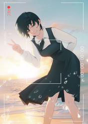 Rule 34 | 1girl, absurdres, arm behind back, battery indicator, beach, black dress, black eyes, black hair, dress, eri (sayonara eri), ganjiang, highres, leaning forward, long sleeves, looking at viewer, outdoors, recording, sayonara eri, school uniform, shirt, short hair, standing, v, viewfinder, water, white shirt