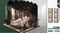 Rule 34 | 1girl, absurdres, arms behind head, black dress, black shoes, blonde hair, book, bookshelf, breasts, cleavage, dated, dress, full body, garter straps, high heels, highres, indoors, large breasts, maid headdress, multiple expressions, orange eyes, original, plant, potted plant, rong767361929, shoes, skindentation, solo, thighhighs, unworn shoes, white garter straps, white thighhighs