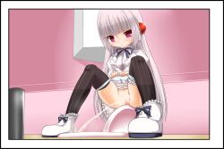 1girl boots cameltoe cleft_of_venus dress emil_chronicle_online keys_shrine panties panty_pull peeing photo_(object) pussy red_eyes sitting thighhighs toilet underwear variant_set voyeurism white_boots white_dress white_hair white_thighhighs