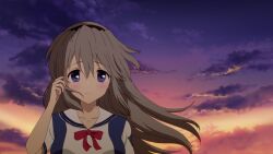 Rule 34 | 1girl, black hairband, blue eyes, blush, bow, clannad, closed mouth, dusk, floating hair, grey hair, hair between eyes, hairband, hand up, hikarizaka private high school uniform, long hair, looking at viewer, nanashi (50763096), outdoors, red bow, sailor collar, sakagami tomoyo, school uniform, shirt, short sleeves, sidelocks, smile, solo, straight hair, tareme, upper body, white sailor collar, white shirt