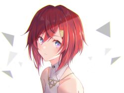 1girl :| ange_katrina ange_katrina_(2nd_costume) bare_shoulders blue_eyes closed_mouth collarbone collared_shirt eyelashes from_side gold_necklace hair_between_eyes hair_intakes hair_ornament halter_shirt halterneck hashtag-only_commentary highres inumoto jewelry light_blush looking_at_viewer looking_to_the_side medium_hair multicolored_eyes necklace nijisanji pink_eyes portrait red_hair shirt sleeveless sleeveless_shirt solo triangle triangle_hair_ornament two-tone_eyes virtual_youtuber white_background white_shirt