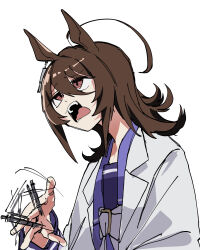 1girl absurdres agnes_tachyon_(umamusume) ahoge animal_ears annoyed bow bowtie brown_hair coat collared_coat earrings frown highres horse_ears horse_girl huge_ahoge jewelry lab_coat long_hair long_sleeves open_clothes open_coat open_mouth pen_spinning purple_sailor_collar purple_shirt red_eyes sailor_collar school_uniform shirt sidelocks simple_background single_earring solo tracen_school_uniform uma2_0429 umamusume white_background white_bow white_bowtie white_coat wolf_cut