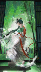 1girl absurdres bamboo bamboo_forest bird black_eyes black_hair braid breasts check_copyright chinese_clothes chinese_commentary chinese_hairpin commentary_request copyright_request crane_(animal) fei_you_dudu floating_hair forest full_body green_shirt grey_sandals grey_skirt hair_ornament hair_scrunchie hammer hanfu highres holding holding_hammer indoors layered_sleeves light_blush light_particles long_hair long_skirt long_sleeves nature original parted_bangs pleated_skirt sandals scrunchie shirt short_over_long_sleeves short_sleeves single_braid skirt socks solo standing table very_long_hair watermark weibo_watermark white_scrunchie white_sleeves white_socks wide_sleeves wooden_floor