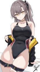 1girl absurdres black_jacket brown_hair commentary_request competition_swimsuit covered_navel girls&#039;_frontline gluteal_fold hair_between_eyes highleg highleg_one-piece_swimsuit highres jacket jacket_partially_removed long_hair looking_at_viewer one-piece_swimsuit one_side_up scar scar_across_eye scar_on_face simple_background solo swimsuit takumi_munato thigh_gap thigh_strap ump45_(girls&#039;_frontline) white_background yellow_eyes