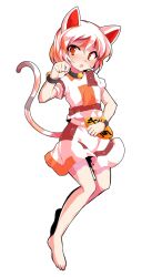 1girl :o alphes_(style) animal_ears barefoot bell blush cat_ears cat_girl cat_tail commentary_request dairi full_body furrowed_brow goutokuji_mike hair_between_eyes hand_up large_variant_set legs multicolored_skirt neck_bell open_mouth orange_eyes parody shirt short_hair skirt solo standing style_parody sweatdrop t-shirt tachi-e tail touhou transparent_background unconnected_marketeers variant_set white_hair