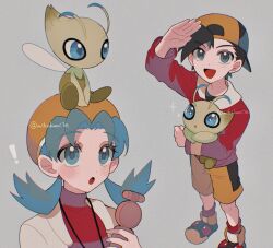 1boy 1girl backwards_hat baseball_cap beanie bike_shorts black_hair blue_eyes blue_hair blush celebi ethan_(pokemon) gen_2_pokemon hat highres holding jacket jewelry kris_(pokemon) legendary_pokemon long_hair long_sleeves mikakami1e mythical_pokemon nintendo open_mouth pants pokegear pokemon pokemon_(creature) pokemon_gsc red_jacket red_shirt shirt short_hair shorts smile twintails yellow_hat yellow_shorts
