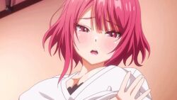 1boy 1girl animated animated_gif breast_sucking breasts handjob hetero kobayashi_yuuichi kono_koi_ni_kizuite_the_animation large_breasts nipples pink_eyes pink_hair short_hair tsujinaka_miho