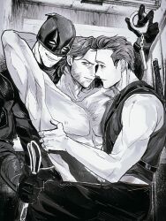 Rule 34 | 3boys, abs, arm behind another&#039;s back, bodysuit, boy sandwich, chest hair, commentary, crutch c, cuffs, deadpool, deadpool (series), dual persona, english commentary, facial hair, gloves, handcuffs, holding, holding handcuffs, katana, looking at another, male focus, marvel, mask, mask lift, monochrome, multiple boys, nipples, pants, parted lips, pectorals, sandwiched, scar, scars all over, short hair, smirk, superhero costume, sword, sword on back, tank top, too many, weapon, weapon on back, wolverine (x-men), x-men, x-men film series, x-men origins: wolverine, yaoi