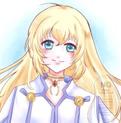 azidesmmm blonde_hair blue_eyes colette_brunel eyelashes gold_choker happy highres jacket light_blush long_hair looking_at_viewer simple_background smile tales_of_(series) tales_of_symphonia white_background white_jacket