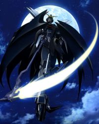 1990s_(style) cloud energy_blade gundam gundam_deathscythe_hell gundam_deathscythe_hell_custom gundam_wing gundam_wing:_endless_waltz highres looking_at_viewer mecha moon night no_humans retro_artstyle robot scythe sky solo star_(symbol) weapon wings