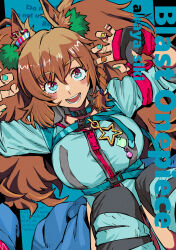 1girl absurdres akaya_shiki animal_ears artist_name belt belt_collar blast_onepiece_(umamusume) blue_background blue_belt blue_choker blue_eyes blue_jacket blue_nails blush blush_stickers braid character_name choker claw_pose clothing_cutout collar commentary cowboy_shot ear_ornament hair_between_eyes hair_down hair_tie highres horse_ears horse_girl jacket long_hair long_sleeves looking_at_viewer multicolored_nails nail_polish open_mouth sidelocks single_braid smile solo star_ornament teeth thigh_cutout twintails umamusume very_long_hair watermark wavy_hair zipper