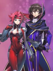 1boy 1girl black_hair blue_eyes bodysuit breasts cape cleavage code_geass helmet highres jacket king_kozuki kouzuki_kallen lelouch_vi_britannia looking_at_viewer mecha_pilot_suit medium_breasts medium_hair pink_background purple_eyes red_hair skin_tight