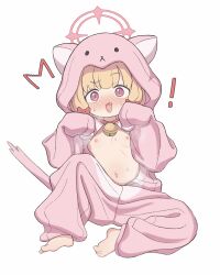 ! 1girl aged_down bell blonde_hair blue_archive blush bow breasts cowbell feet female_focus highres ketsu_juuji_killer_(kejuki) loli looking_at_viewer medium_hair momoi_(blue_archive) navel nipples open_mouth pink_bow pink_eyes simple_background small_breasts solo sweat tongue wet white_background