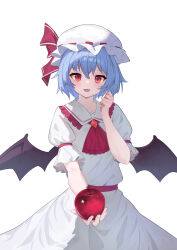 1girl :3 absurdres apple ascot bat_wings collared_shirt commentary dress fangs food frilled_hat frills fruit hair_between_eyes hair_ribbon hand_up hat highres holding holding_food holding_fruit mob_cap open_mouth puffy_sleeves purple_hair qwq red_ascot red_eyes red_ribbon remilia_scarlet ribbon shirt short_hair short_sleeves simple_background smile solo touhou white_background white_dress white_hat wings