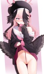 1girl absurdres beret black_hat black_wings blue_archive blush cleft_of_venus closed_mouth clothes_lift embarrassed feathered_wings halo hat head_wings highres koharu_(blue_archive) lifting_own_clothes long_hair long_sleeves looking_at_viewer low_wings navel neckerchief no_panties pink_eyes pink_hair pink_halo pink_neckerchief pleated_skirt pussy sailor_collar school_uniform skirt skirt_lift solo standing stomach twintails uncensored white_sailor_collar winged_hat wings z.taiga