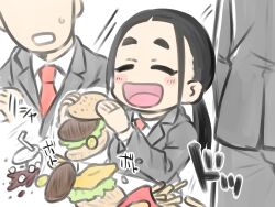 Rule 34 | 1girl, 2boys, black hair, burger, burger malfunction, closed eyes, cola, faceless, faceless male, food, french fries, highres, ishida (tsubasa (godbardtsubasa)), multiple boys, original, ponytail, school uniform, spill, tsubasa (godbardtsubasa)