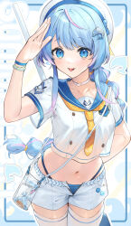1girl :p arm_behind_back arm_up beret bikini bikini_under_clothes blue_bikini blue_eyes blue_hair blue_sailor_collar braid breasts commentary_request cowboy_shot dolphin_hair_ornament gradient_hair hat highres hu_kotora long_hair multicolored_hair navel open_clothes open_fly open_shorts original pink_hair sailor_collar salute shirt short_shorts short_sleeves shorts small_breasts solo standing stomach swimsuit thighhighs tongue tongue_out very_long_hair white_hat white_shirt white_shorts white_thighhighs