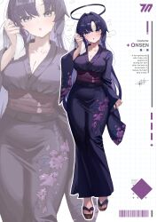 1girl :o absurdres after_bathing alternate_costume barcode blue_archive blush breasts cleavage collarbone commentary floating_hair hair_intakes halo highres holding holding_towel japanese_clothes kimono long_hair looking_at_viewer medium_breasts obi outline purple_eyes purple_hair purple_kimono sash steam straight_hair sukoyaka_konbu sweat toes towel very_long_hair white_outline yuuka_(blue_archive) zoom_layer