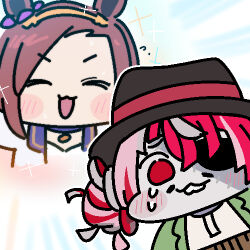 Rule 34 | :3, ^ ^, animal ears, black hat, brown hair, chibi, choker, closed eyes, colored skin, commentary, crying, ear ornament, eyepatch, fedora, gold hairband, green jacket, grey skin, hairband, hat, hololive, hololive indonesia, horse ears, horse girl, jacket, jazz jack, kureiji ollie, lowres, multicolored hair, multicolored skin, patchwork skin, pendant choker, purple choker, red hair, sakura bakushin o (umamusume), starting future (umamusume), stitched face, stitches, two-tone skin, umamusume, virtual youtuber, white jacket, yellow eyes