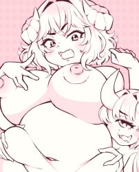 Rule 34 | 2025, 2girls, belly, breasts, cecihime, cecilia rosenkreutz, cow girl, eira woolcot, fang, greyscale, highres, horn, horns, indie virtual youtuber, large breasts, looking down, monochrome, multiple girls, one-eyed, oni girl, open mouth, plump, saliva, self-portrait, sexual harassment, yuri