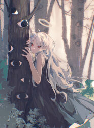 1girl absurdres bare_shoulders black_dress black_nails bright_pupils bush closed_mouth disembodied_eye dress hair_ornament halo highres long_hair looking_at_viewer original parted_bangs red_eyes ringein sleeveless sleeveless_dress solo tree white_hair white_halo white_pupils
