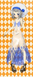 Rule 34 | 1girl, argyle background, argyle clothes, argyle dress, blue eyes, blue nails, blush, brown sandals, closed mouth, commentary request, dress, fingernails, flat chest, full body, grey hair, hat, looking at viewer, meiko (nattu303), orange background, platform sandals, pointy ears, ragnarok online, sandals, see-through clothes, see-through dress, short hair, side slit, sleeveless, sleeveless dress, solo, sorcerer (ragnarok online), tam (ragnarok online), toenails, white hat