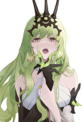 1girl absurdres bare_shoulders black_gloves black_tiara breasts chinese_commentary commentary_request earrings gloves green_eyes green_hair highres holding_own_wrist honkai_(series) honkai_impact_3rd hui_yu_yu_yu_ye jewelry long_hair looking_at_viewer medium_breasts mobius_(honkai_impact) open_mouth sharp_teeth single_glove solo teeth tiara upper_body
