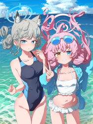 2girls :o absurdres ahoge animal_ear_fluff animal_ears bare_arms bare_shoulders bikini black_one-piece_swimsuit blue_archive blue_eyes blue_jacket blush extra_ears frilled_bikini frills grey_hair grin hair_between_eyes heterochromia highres hoshino_(blue_archive) hoshino_(swimsuit)_(blue_archive) jacket long_hair low_twintails multiple_girls navel ocean official_alternate_costume official_alternate_hairstyle one-piece_swimsuit open_mouth pink_hair ponytail shiroko_(blue_archive) shiroko_(swimsuit)_(blue_archive) sidelocks smile ss6yu swimsuit thigh_gap twintails v white_bikini wolf_ears wolf_girl yellow_eyes