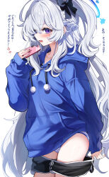 1girl absurdres black_shorts blue_archive blue_halo blue_hoodie blush braid clothes_pull dolphin_shorts hair_intakes hair_ornament half_up_braid halo highres holding holding_phone hood hood_down hoodie long_hair long_sleeves looking_at_viewer miyako_(blue_archive) miyako_(young)_(blue_archive) one_side_up open_mouth panties phone pom_pom_(clothes) puffy_long_sleeves puffy_sleeves purple_eyes sak_(lemondisk) short_shorts shorts shorts_pull simple_background solo translation_request underwear white_background white_hair white_panties