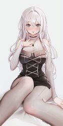 1girl :p absurdres artist_name black_dress black_pantyhose blue_eyes blush borrowed_character clothing_cutout dress highres jewelry kana_yukino long_hair mole mole_under_eye necklace original pantyhose sanyu_(ry_thae) shoulder_cutout simple_background solo sweater sweater_under_dress tongue tongue_out white_background white_hair white_sweater